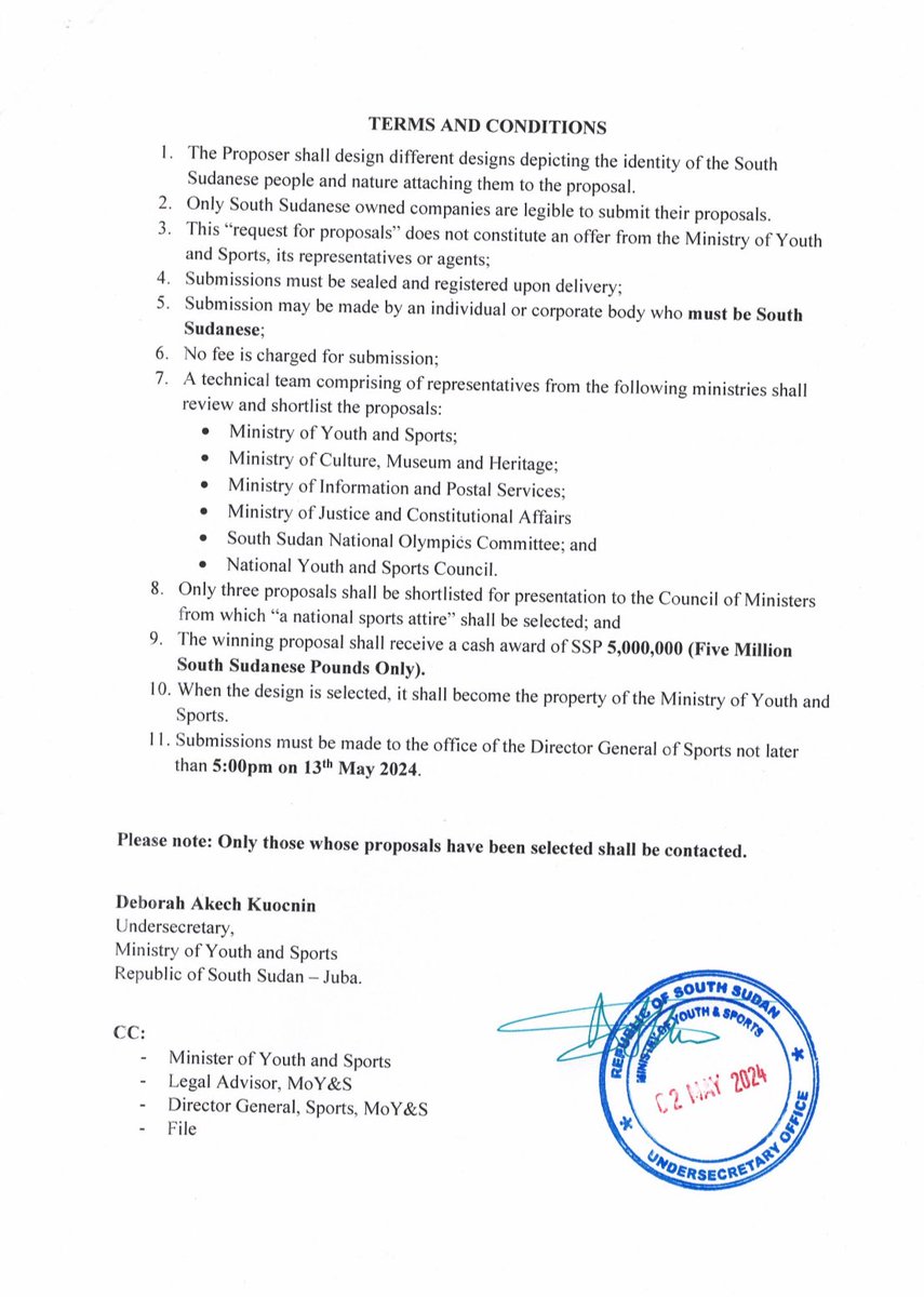 📢 Attention Designers! 📢

Calling all established and emerging South Sudanese designers! The Ministry of Youth and Sports wants you to create a “National Sports Attire” for the 2024 Paris Summer Olympics! 🇸🇸🏅

Check out the details and competition prize in the document below.