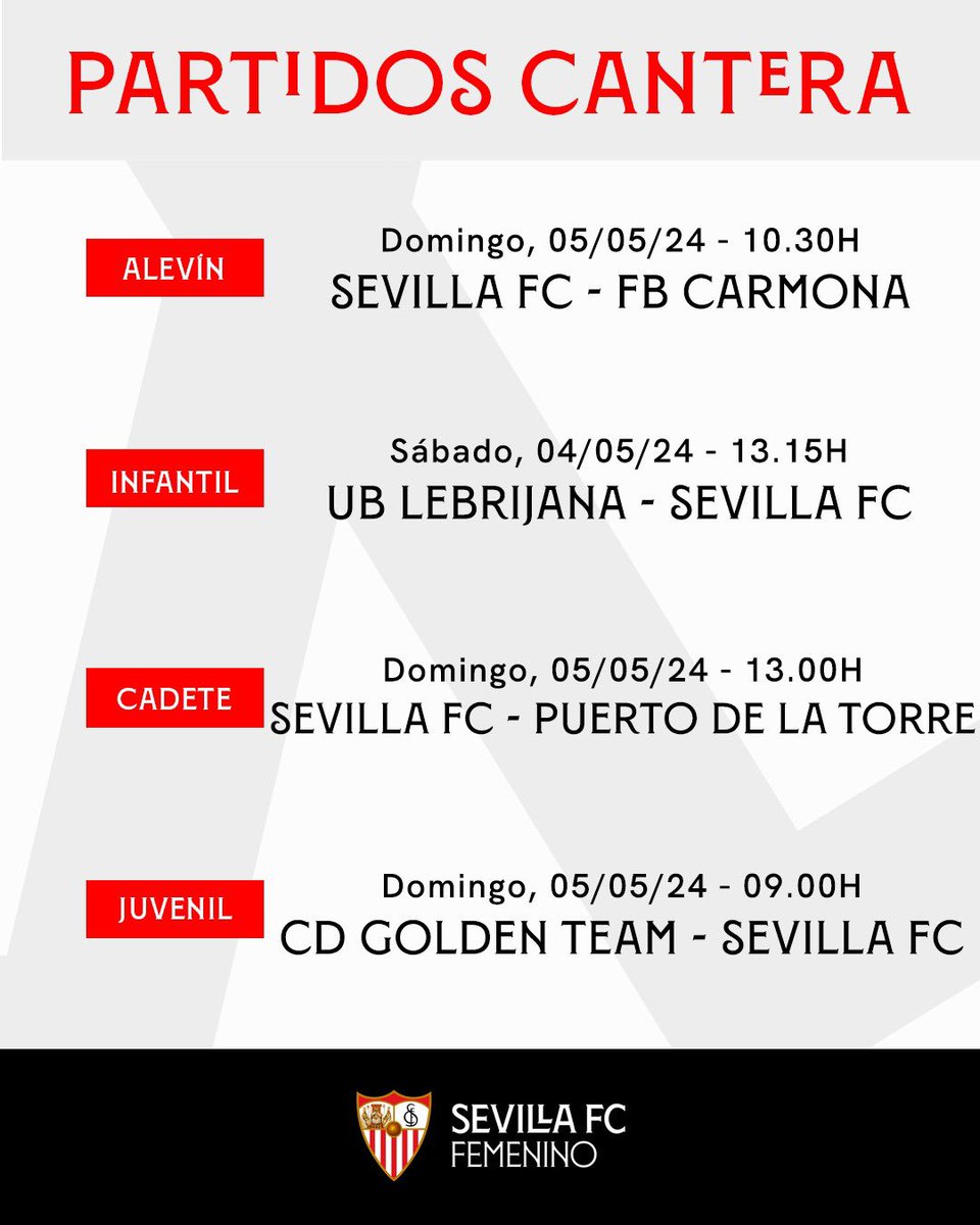 🗓️ Además del filial, estos son los partidos para los escalafones inferiores del #SevillaFCFem. ⚽️⚪️🔴

#CanteraSevillaFC