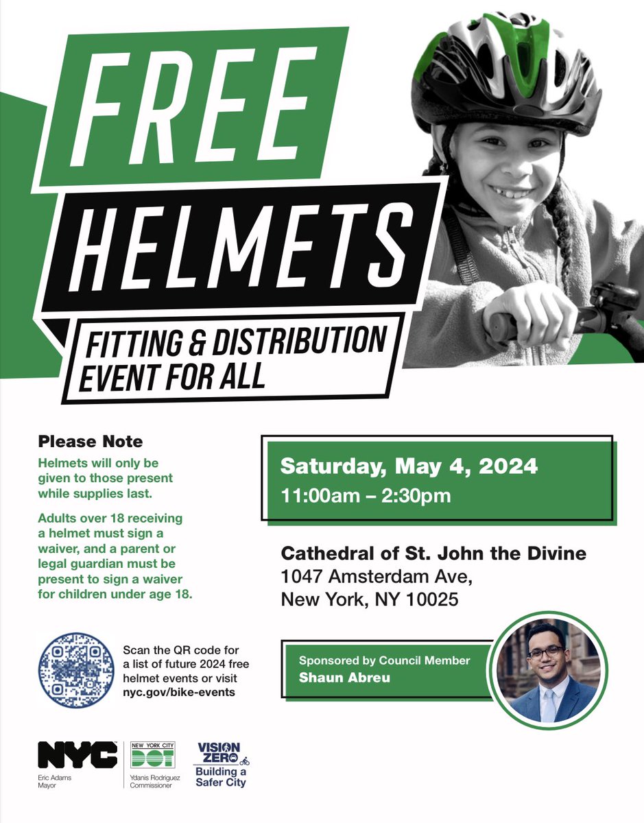 Don’t be a cycle-path—protect your head when biking in NYC. I’m thrilled to partner with @NYC_DOT & @VisionZeroNYC for a free helmet giveaway tomorrow at the Cathedral of St. John the Divine’s annual Blessing of the Bikes in Morningside Heights. Stop by from 11am to 2:30pm!