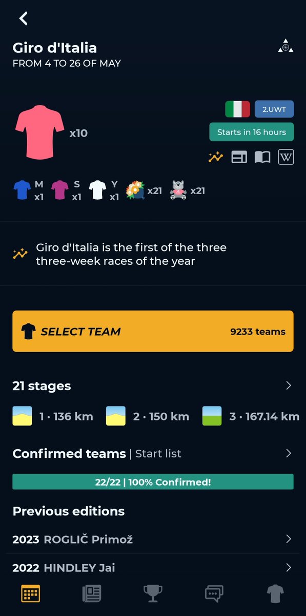 You have 16 hours left to create your team for the #GirodItalia in #CyclingFantasy, just like 9233 cycling fans have already done! Because watching the Giro is better when you compete for the pink jersey