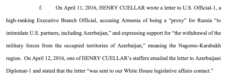 Henry Cuellar accused Armenia of being a Russian proxy over the Nagorno-Karabakh dispute, according to indictment.