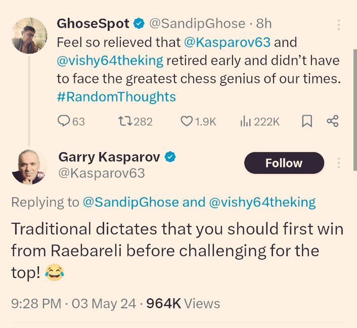 The Grand Master, Garry Kasparov slams and humiliatsmes Team Rahul Gandhi with International bezzri, when challenged with a game of chess with RG- Says 'First win Raebareli .....and then dream of top' 😀😂