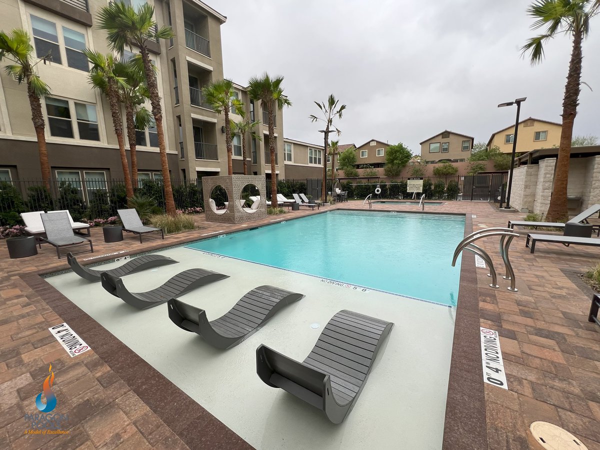 Paragon Pools recently completed 2 more beautiful commercial pool and spa projects for a luxury apartment complex in the northwest area of Las Vegas. #commercialpools #commercialpoolbuilder #poolbuilderinLasVegas #wetdeck #pools #spas #bubblers #paragonpoolslv