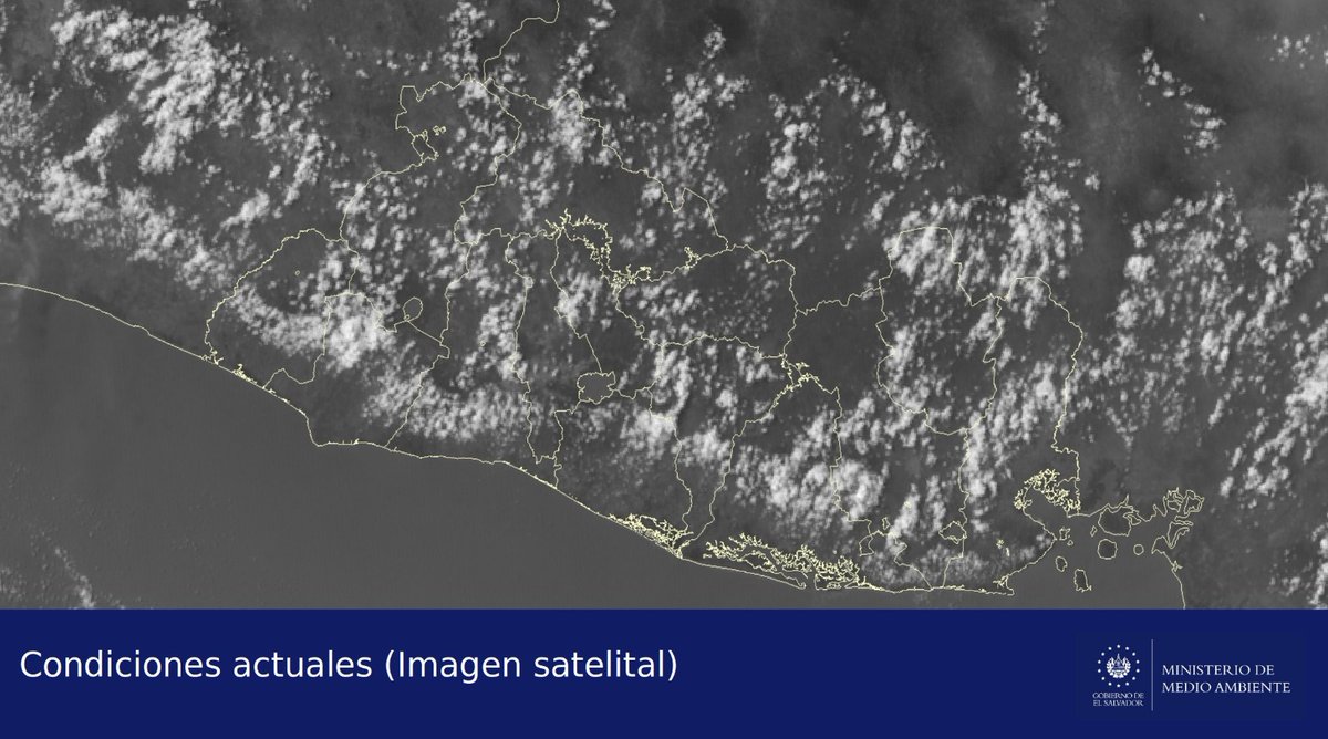 #ClimaSV | Imagen de satélite de @MedioAmbienteSV muestra el cielo de poco a medio nublado sobre el país, principalmente a lo largo de la cordillera volcánica. Se registran lluvias aisladas en los alrededores del volcán de San Miguel.