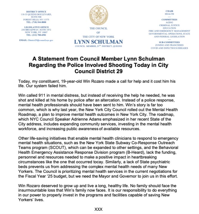 Today's release of the body camera footage in the heartbreaking shooting of my constituent Win Rozario demonstrates the need for more descalation training and further underscores my original statement calling for increased resources for mental health services, so tragedies like…