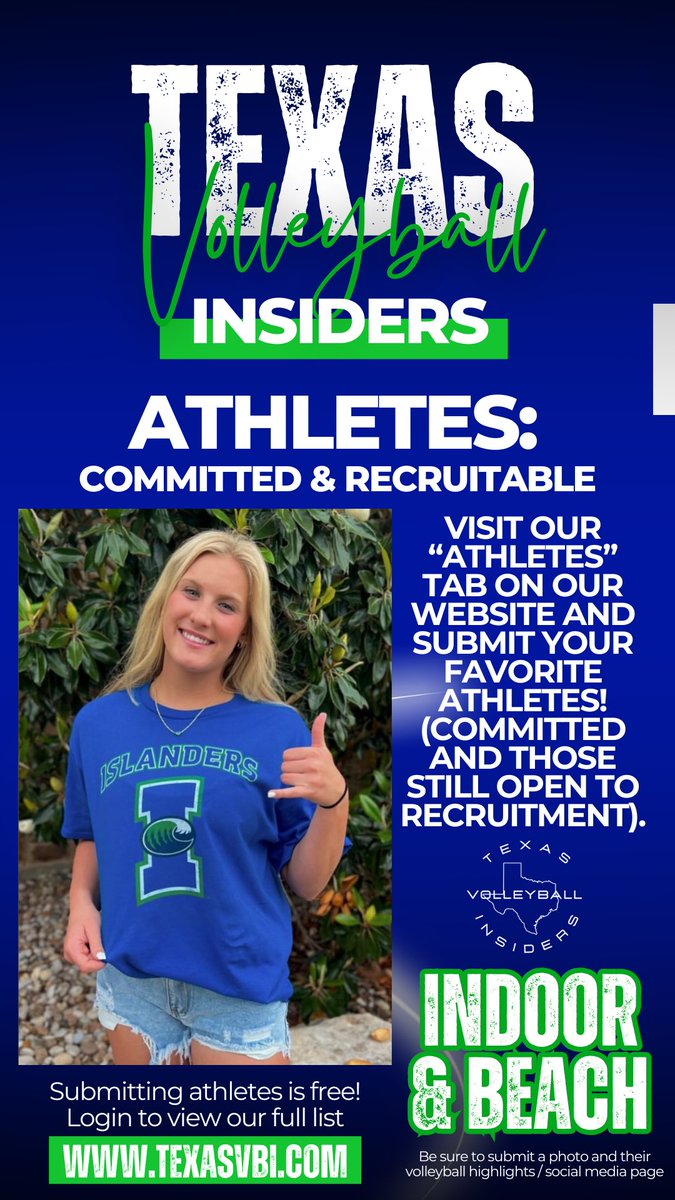 Texas Volleyball Insiders “Athletes: Committed & Recruitable List” is now LIVE on our website! texasvbi.com ! Go add to our list and submit your favorite athletes, (already committed/still open for recruitment). Make sure to add their headshot and vb highlights page!