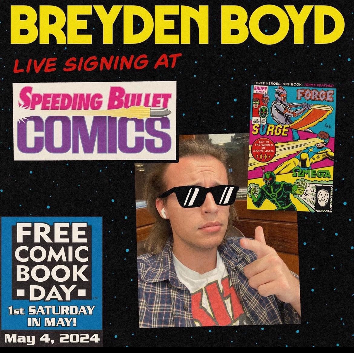 Free Comic Book Day is Saturday, May 4! We will give away selected comics from 10 am - 6 pm! Breyden Boyd will sign from noon-3 pm! Come see us!