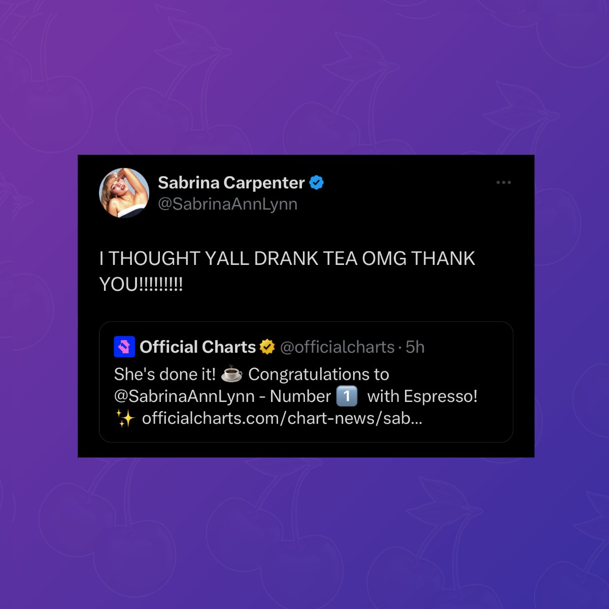 Sabrina Carpenter celebrates ‘Espresso’ going #1 on the UK Singles chart this week: “I THOUGHT YALL DRANK TEA OMG THANK YOU!!!!!!!!!”