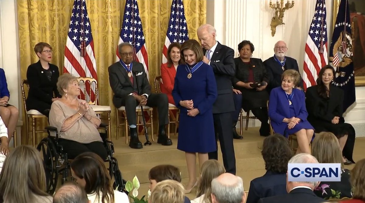 Former Speaker of the House Nancy Pelosi was awarded the Presidential Medal of Freedom by President Biden this afternoon during a ceremony at the White House.