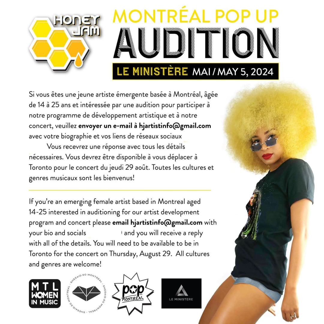 Les auditions pour Honey Jam sont ce weekend à Montréal! Rendez-vous ce dimanche 5 mai, RSVP à hjartistinfo@gmail.com avec pour objet 'Montréal' et nous vous enverrons les détails: honeyjam.com/artist-auditio…