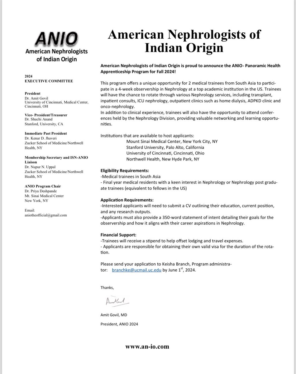 Announcing the ANIO-Panoramic Health apprenticeship program  for 2 observerships of 4 weeks each this fall in US for nephrology trainees from South Asia. Details attached.