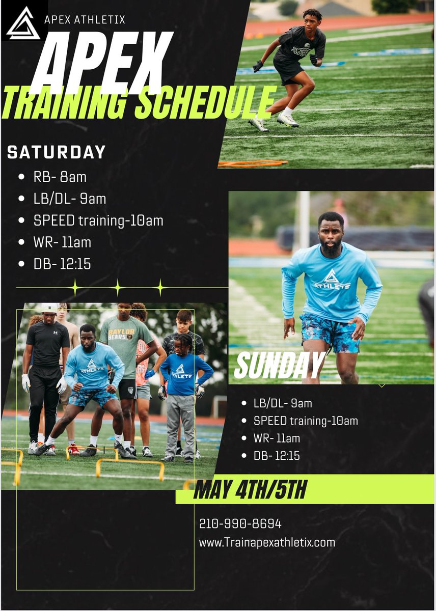 Come get that work in this weekend with APEX . We have a lot of sessions available, most WR spots are filled so hurry and book if you want a spot.
See yall tomorrow 

#Trainapex #trainextraordinary #wrtraining #dbtraining #lbdrills #speedtraining #athleticperformance #rbtraining
