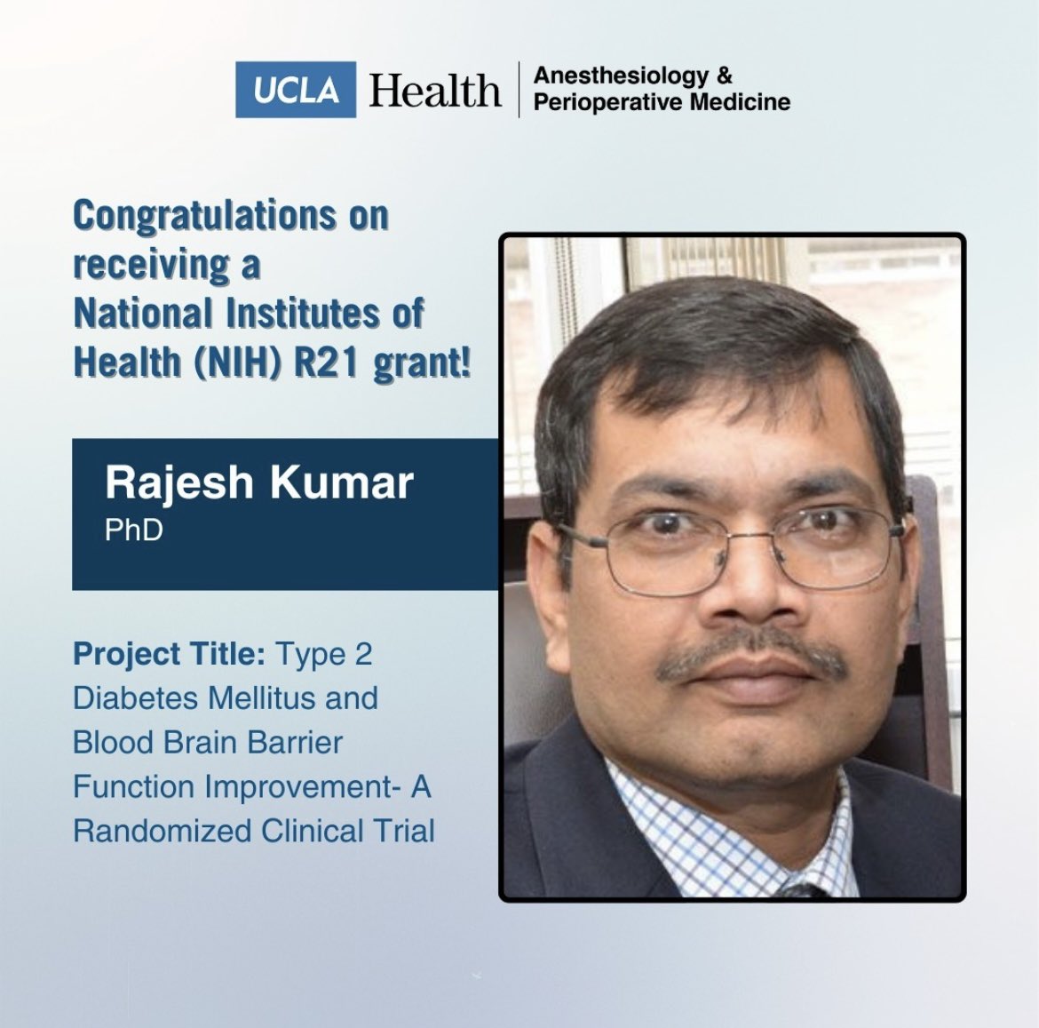 Congratulations to Dr. Rajesh Kumar on receiving a National Institutes of Health (NIH) R21 Grant! 🎉 They will examine whether a low-cost thiamine intervention can improve blood brain barrier function and reduce mood and cognition deficits in Type 2 diabetes mellitus adults.