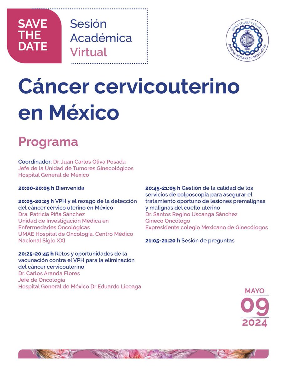¡No te pierdas nuestra Sesión Académica Virtual con el tema 'Cáncer Cérvicouterino en México'! Conéctate en línea el día 09 de mayo de 2024 a las 20:00 hrs Registro y Transmisión: shorturl.at/fzB38 #todosomosmeo #cancercervicouterino #Oncology #salud #cáncer #Oncología