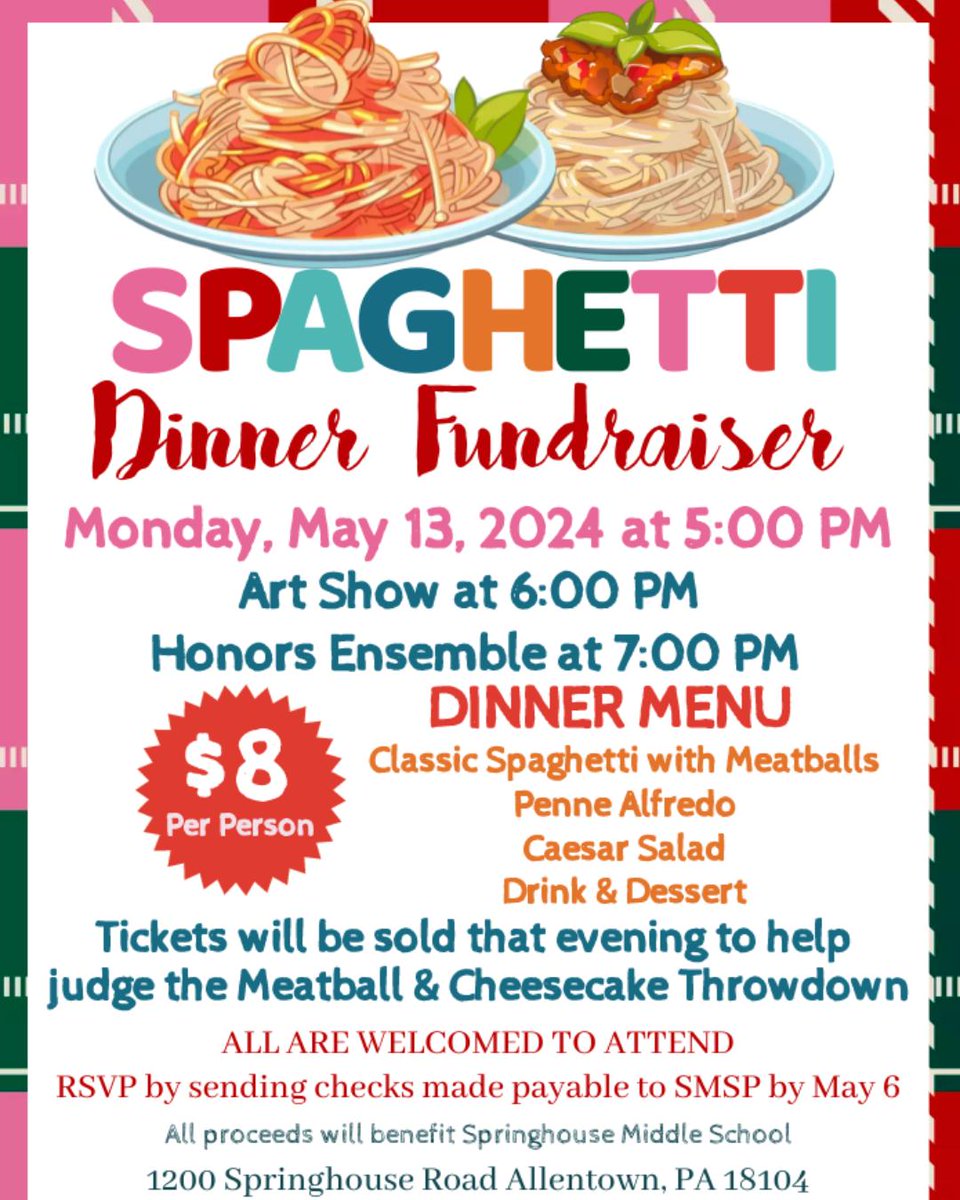 🍝🍰🎨Join us at the Springhouse Middle School Spaghetti Dinner Fundraiser! After the dinner, check out the SMS Art Show and Honors Ensemble! It's sure to be a fun night! Check out the flyer for all the details! 🍝🍰🎨