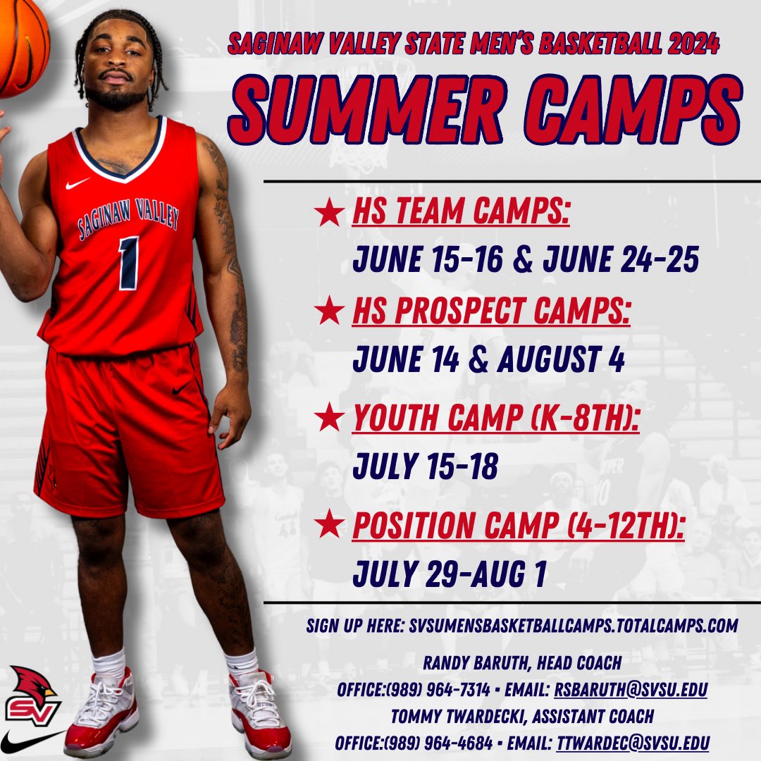 We can’t wait for camps this summer!! Already at 100+ teams for Team Camp🔥 Prospect, Youth, and Position Camps are starting to fill up too! Get to SVSU this summer🏀🔴🔵 svsumensbasketballcamps.totalcamps.com/About%20Us