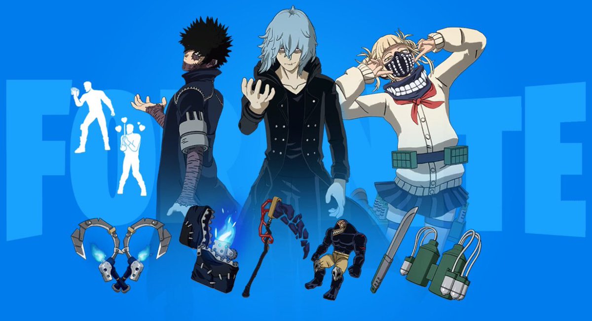 I want to clarify something for the people of Fortnite and MHA Toga's Skin is Based around Season 3-4, Shigaraki and Dabi's skins are based around the My Villain Arc of Season 5 the Backblings and Tools are references to their Quirks and esthetics of the Show

#Fortnitexmha