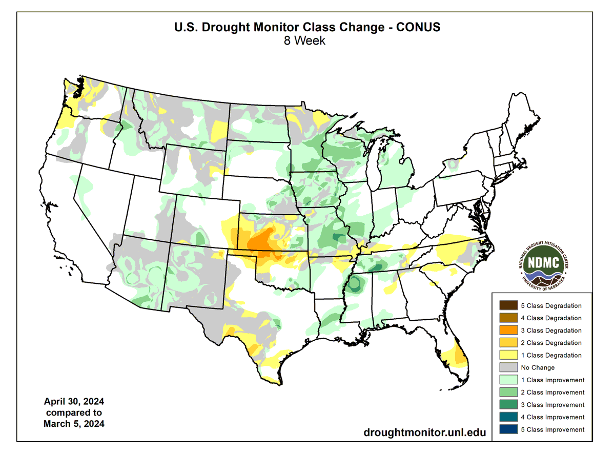 WillDanbywx's tweet photo. Three points here from where we've progressed the past 8 weeks for the corn/soybean dense areas:

Vast improvements across IA/MN --> this will continue to improve in May

C/W KS --> Mid to late May still open for some flow, (especially May 6 -11) pattern would lean towards in improvement instead of degradation (North Pacific Pattern main support) 

N Plains--> improvement likely across May
#corn #soybeans #plant24 #AGwx