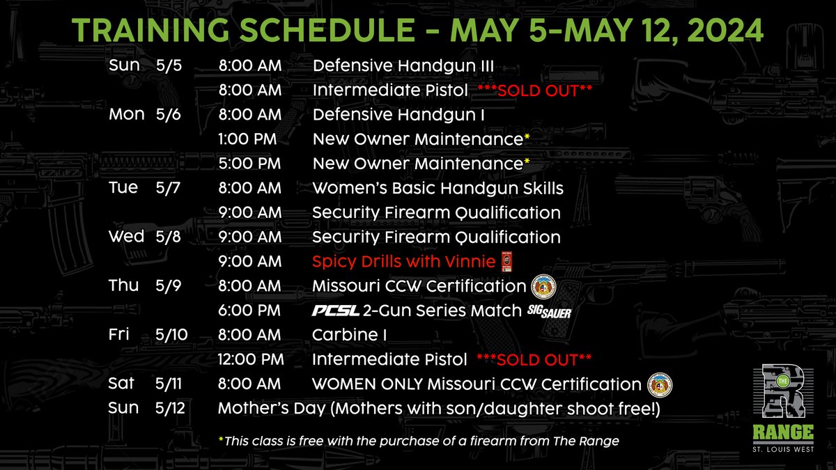 Class schedule for the week of May 5-12.

#firearms #firearmstraining #pistols #carbines #rifles #missouriccw #ccw #pcsl #shootingsports #competitiveshooting #competitionshooting #mothersday #handguns #privatesecurity #stl #stlouis #stlouismo #stlouiscounty