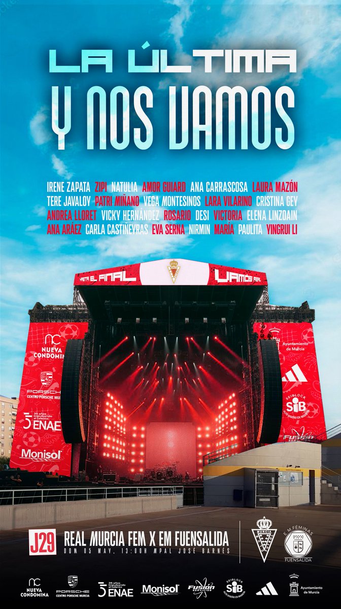 🖼️ | 🎸🪗 ¡LA ÚLTIMA 𝗬 𝗡𝗢𝗦 𝗩𝗔𝗠𝗢𝗦!

Este domingo jugamos el último partido de la temporada en casa, ¡os esperamos para darles a nuestras artistas la ovación que se merecen!

J29 | DOMINGO 5-5-2024 a las 13:00H <a href="/realmurciafeme/">Real Murcia Femenino</a> X <a href="/fuensafeminas/">EM Féminas Soliss Fuensalida</a>

🎟️ realmurcia.compralaentrada.com/eventos/