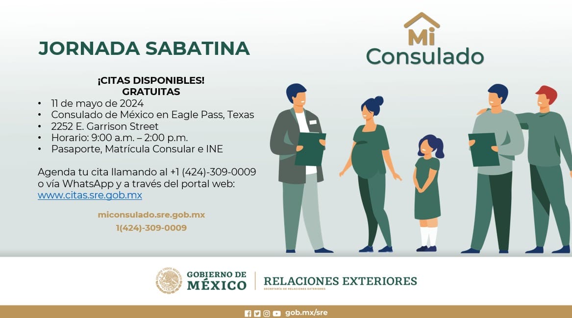 JORNADA SABATINA - 11 DE MAYO 2024

📍@consulmexeag (2252 E. Garrison St.)

Agenda tu cita para:
✅Pasaporte
✅Matrícula Consular
✅INE

Llama o manda WhatsApp al: +1-424-309-0009

#MiConsulado 
@jaime_vbt