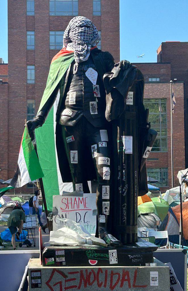 Pro-Palestine students at the GW University decorated the George Washington Statue with Palestine flag, Keffiyeh and stickers with pro-Palestine slogans and photos.
#GazaGenocide