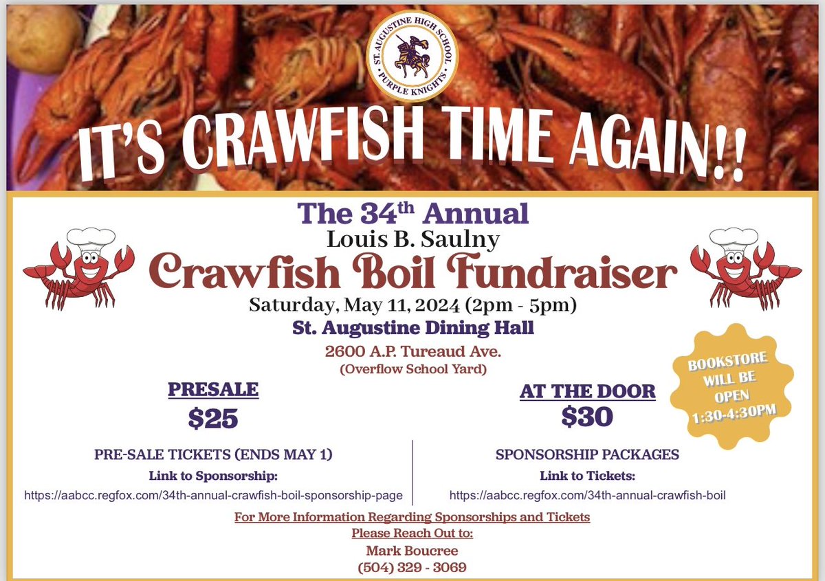 The 34th Annual Louis B. Saulny Crawfish Boil Fundraiser will be held on Saturday, May 11, 2024, from 2:00pm – 5:00pm in the St. Augustine Dining Hall. Patron Party for top sponsors from 1:00pm – 2:00pm. Click the link below to purchase tickets aabcc.regfox.com/34th-annual-cr…