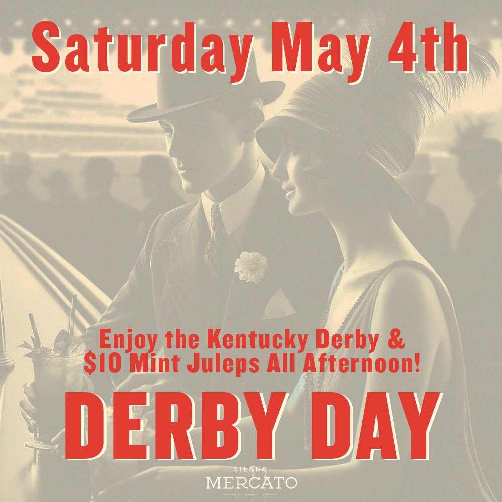 SiennaMercato's tweet photo. 🏇🌿 Gear up for the greatest two minutes in sports!

🎉 Watch the Kentucky Derby with us this Saturday and get into the spirit with our $10 Mint Juleps special all afternoon! 🍹 https://t.co/enZHeOlsIA