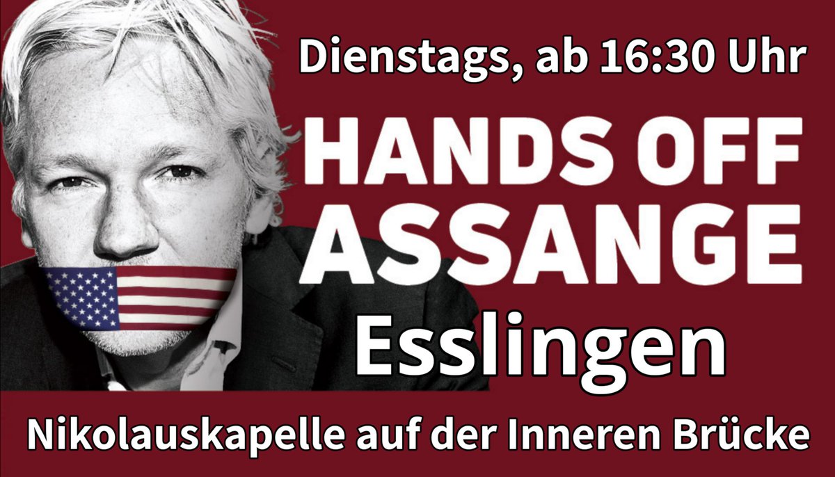 ⏳Mahnwache via @FreeAssange_eu ⏳
Mahnwache für Julian #Assange  in #Esslingen   

Wann?  
Jeden Dienstag  
Nächste: 07.05.2024  
16.30 - 17.30 Uhr    

Wo?  
Innere Brücke vor der Nikolauskapelle
freeassange.eu/#veranstaltung…