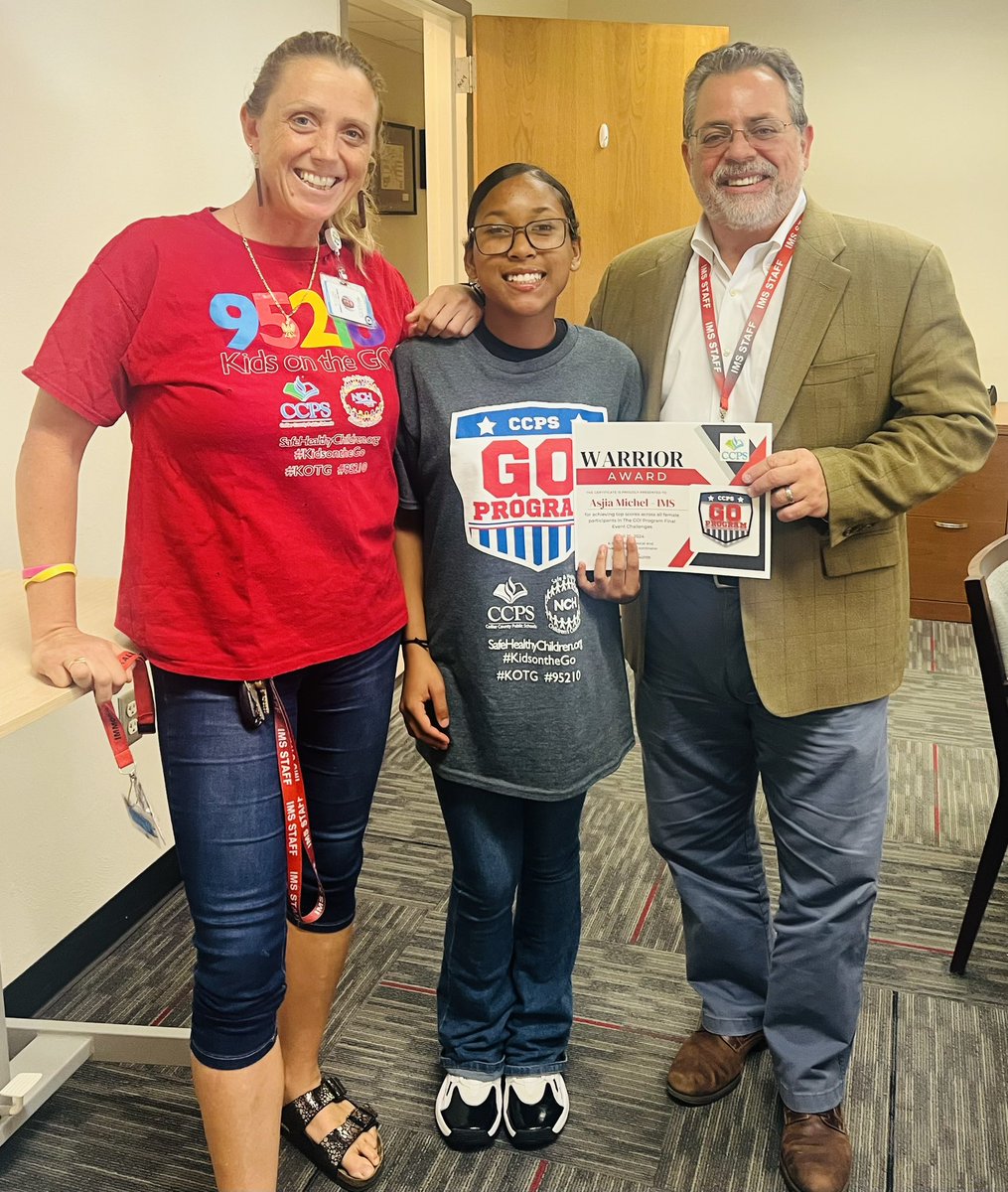 Congratulations to Asjia Michel, the very first female CCPS Warrior of the GO Program! she achieved top scores across all female participants of all middle schools in the Final Event Challenges! Way to GO, Asjia! @IMS_Indians #goprogram #athlete #excellence #CCPSProud #KOTG