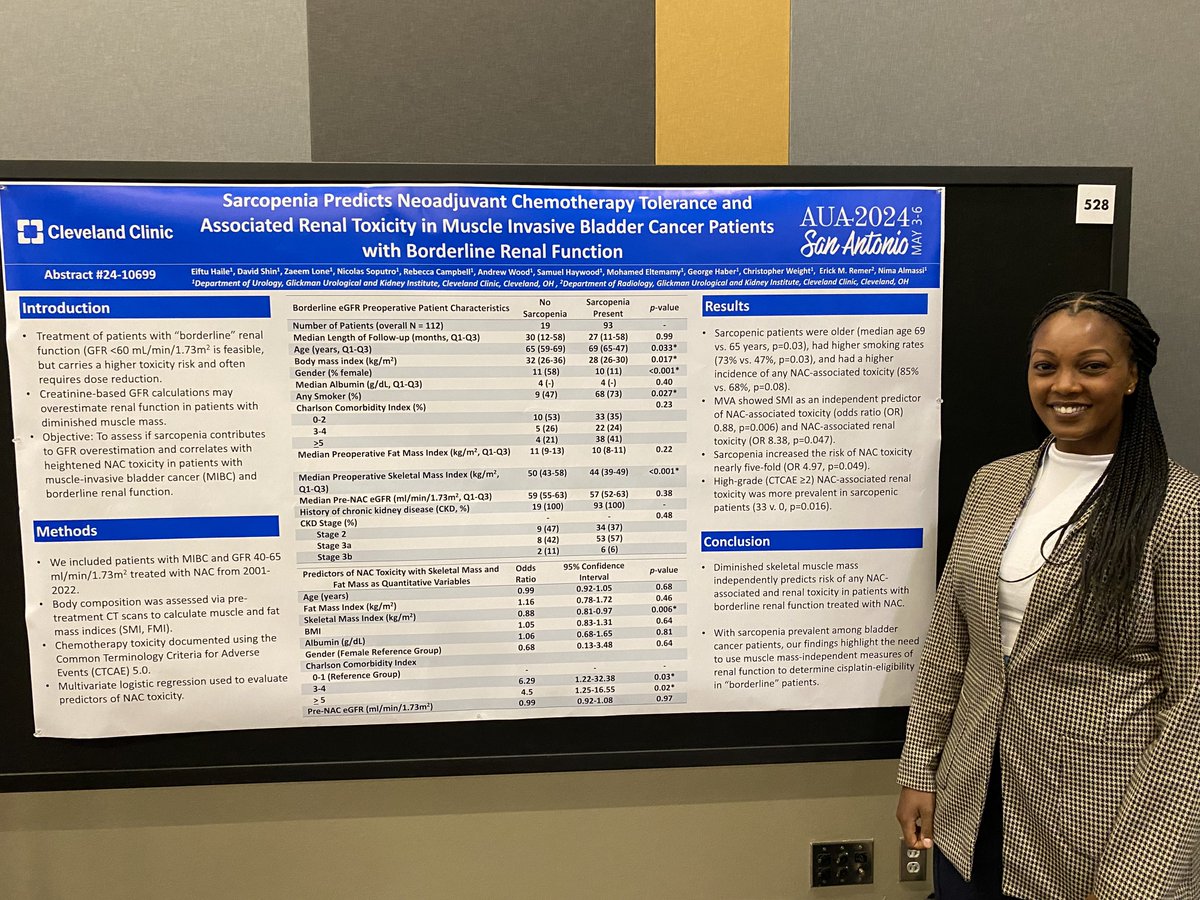 Great work by <a href="/eiftu/">Eiftu #BlackLivesMatter</a>, @NimaAlmassi, and the <a href="/CleClinicUro/">Cleveland Clinic Urology</a> #UroOnc Team looking at sarcopenia as a predictor of neoadjuvant chemotherapy tolerance and renal toxicity in bladder cancer #AUA24