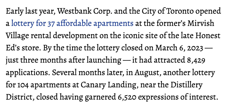 The chances of winning the lotteries that Toronto holds for affordable apartments are... not good. I wrote about the process and how it could be better: storeys.com/toronto-afford…