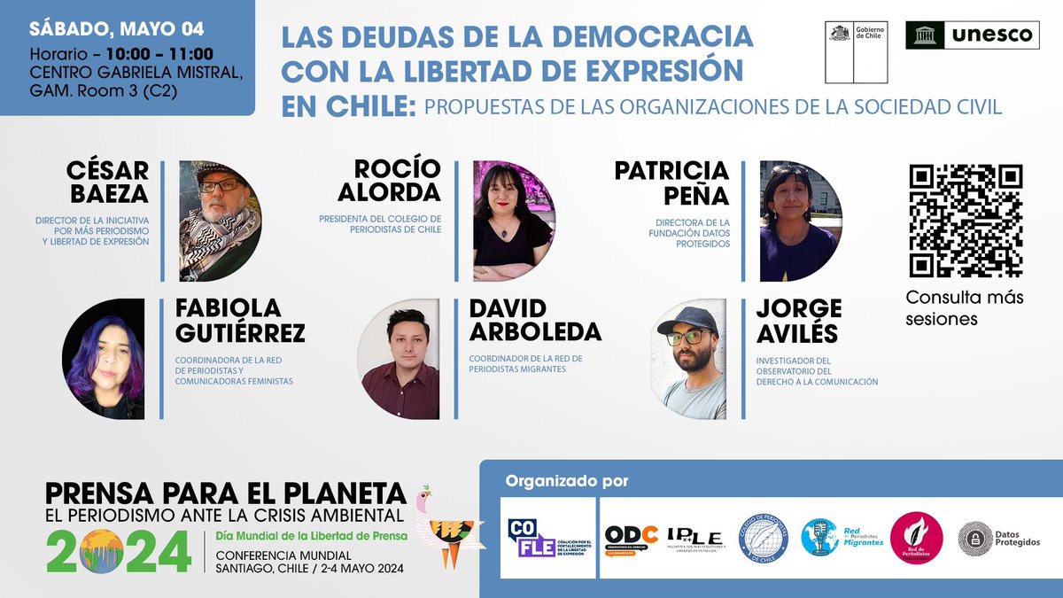 Las deudas de la democracia con la #libertaddeexpresión 🎙️ 🌎 ¡Participa en la cumbre! Acompáñanos y sé parte de esta conversación fundamental. 🗓️ Este sábado, 04 de Mayo. De 10:00 a 11:00 HRS. Centro GAM, Santiago. Agéndate y 📌 ¡No faltes! Entrada libre. #WorldPressFreedomDay