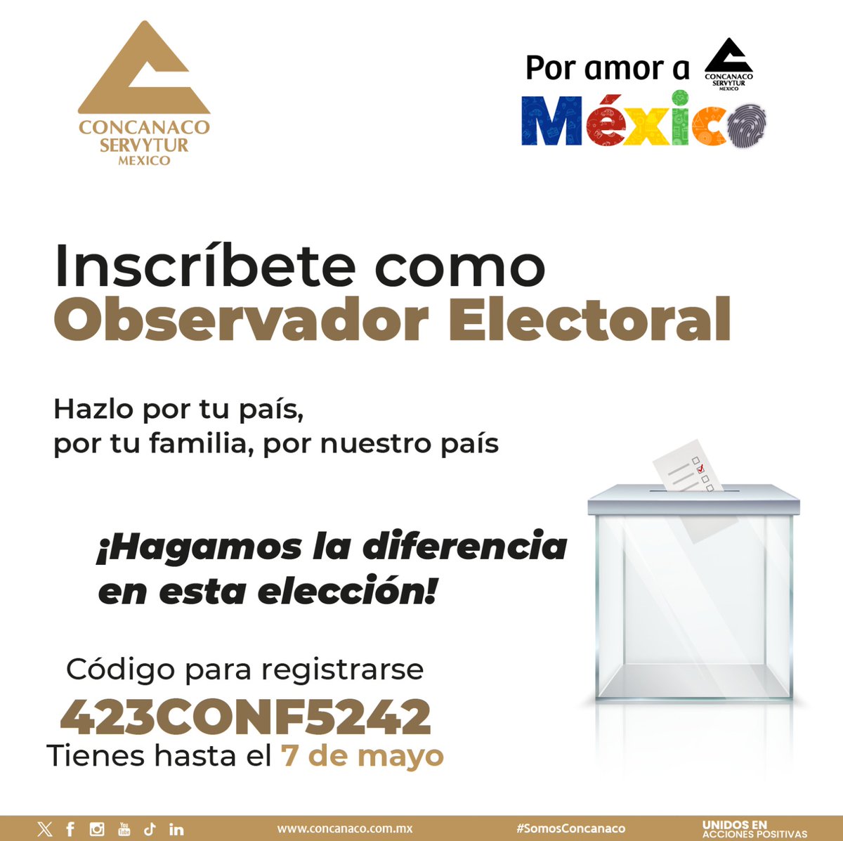 Tú puedes ser un observador electoral. 📷📷 Regístrate, ¡es muy fácil! 📷 Tienes hasta el 7 de mayo. 📷 #ObservadoresElectorales #INE #ConcanacoServytur #PorAmorAMéxico #UnidosEnAccionesPositivas