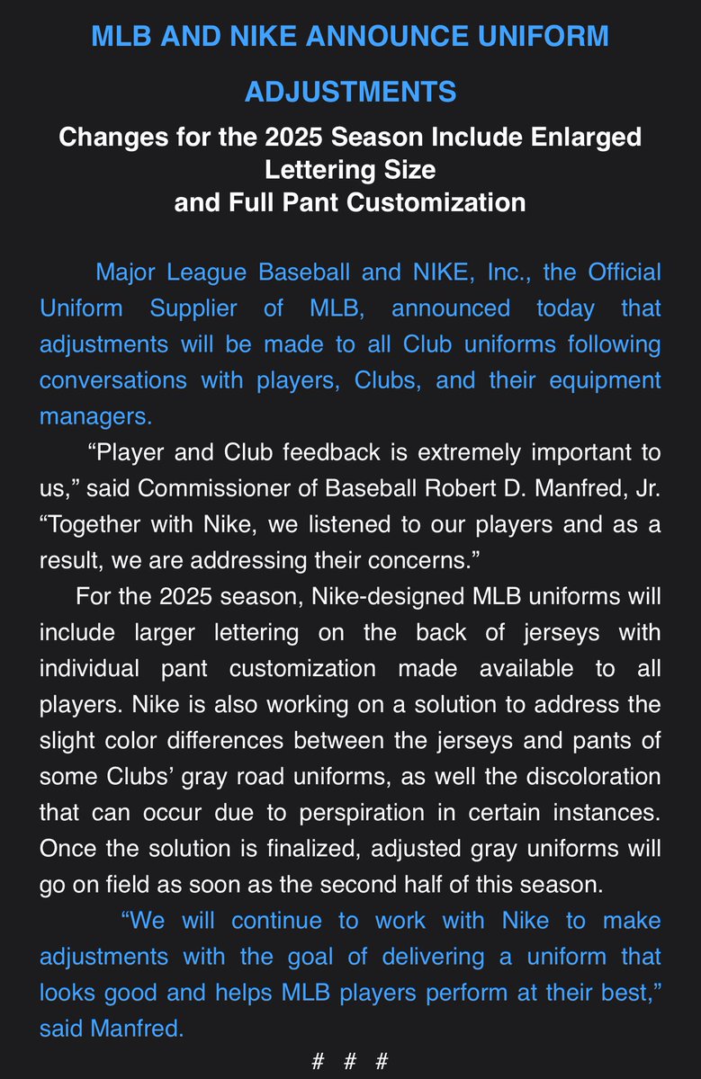 NEW: MLB & Nike announce uniform changes for 2025 season. It will include larger lettering on the back of jerseys with individual pant customization made available to all players. #mlb #mlbuniforms