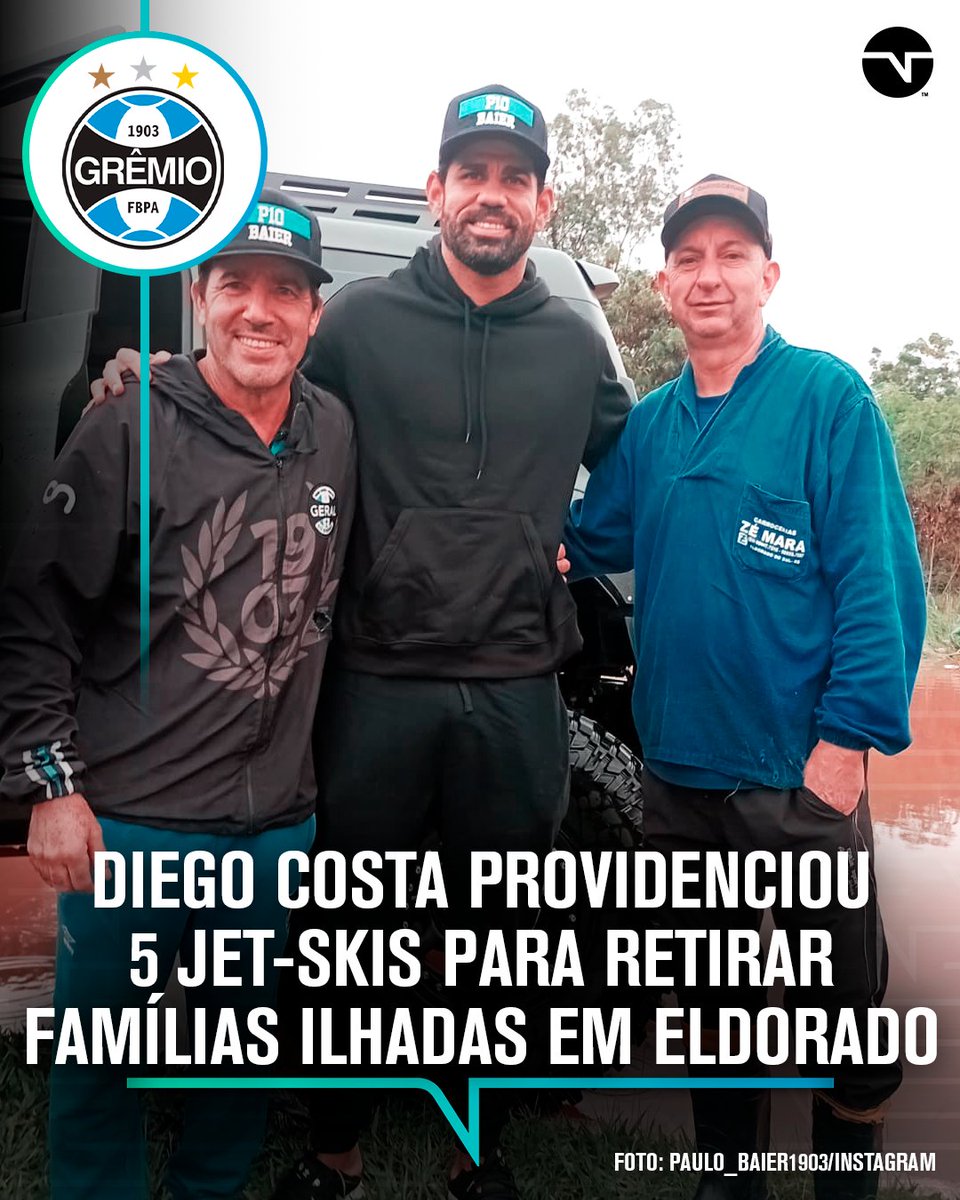 ATITUDE GIGANTE DO DIEGO COSTA! 👏❤️‍🩹 O jogador parou em Eldorado do Sul e ajudou moradores em situação de emergência. O atacante do Grêmio trouxe um jet-ski e contou com ajuda de outros quatro amigos com o veículo para retirar famílias ilhadas por conta das fortes chuvas que…