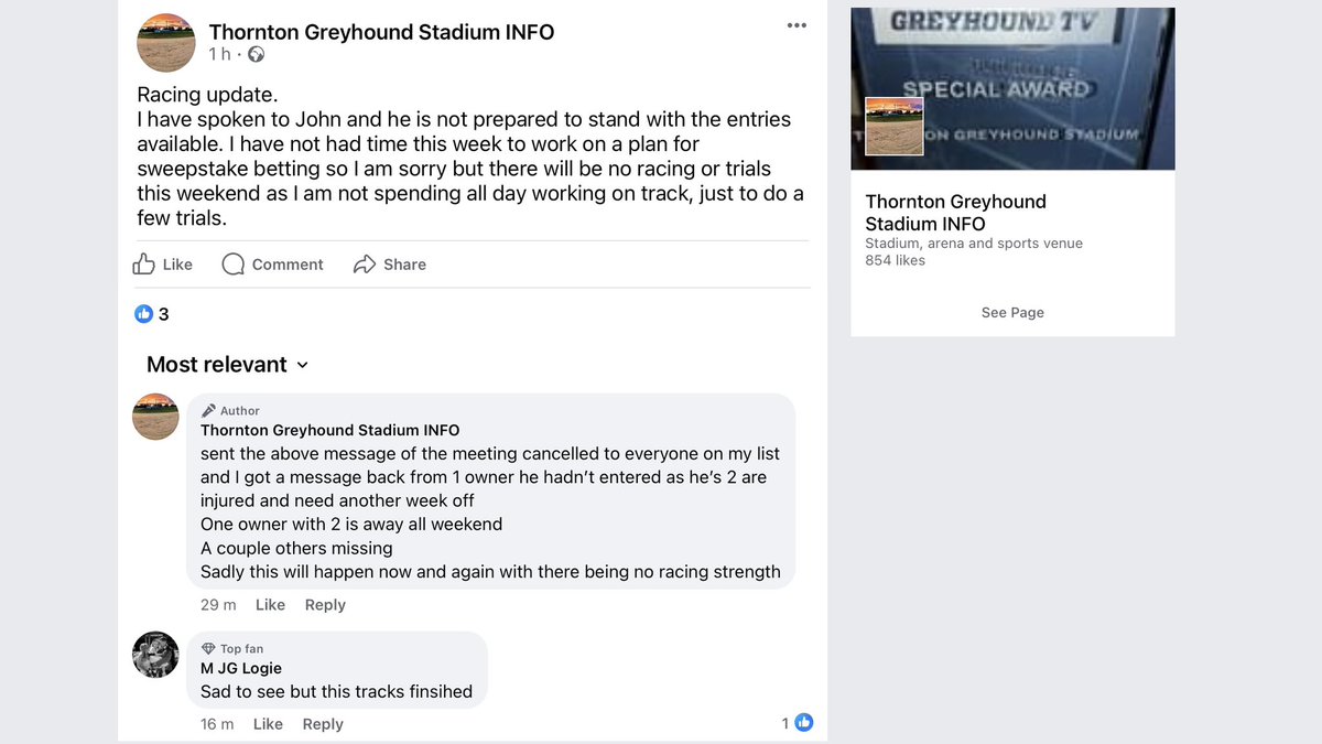 Whoops. No bookie so Thornton 🏴󠁧󠁢󠁳󠁣󠁴󠁿 cancelled again this weekend and some poor sod has TWO  injured dogs from the track that very rarely sees any injuries!! Must have happened at the park! 🤔 Time to call it a day Mr Brignal.. 
#BanGreyhoundRacing #UnboundTheGreyhound #AnimalWelfare