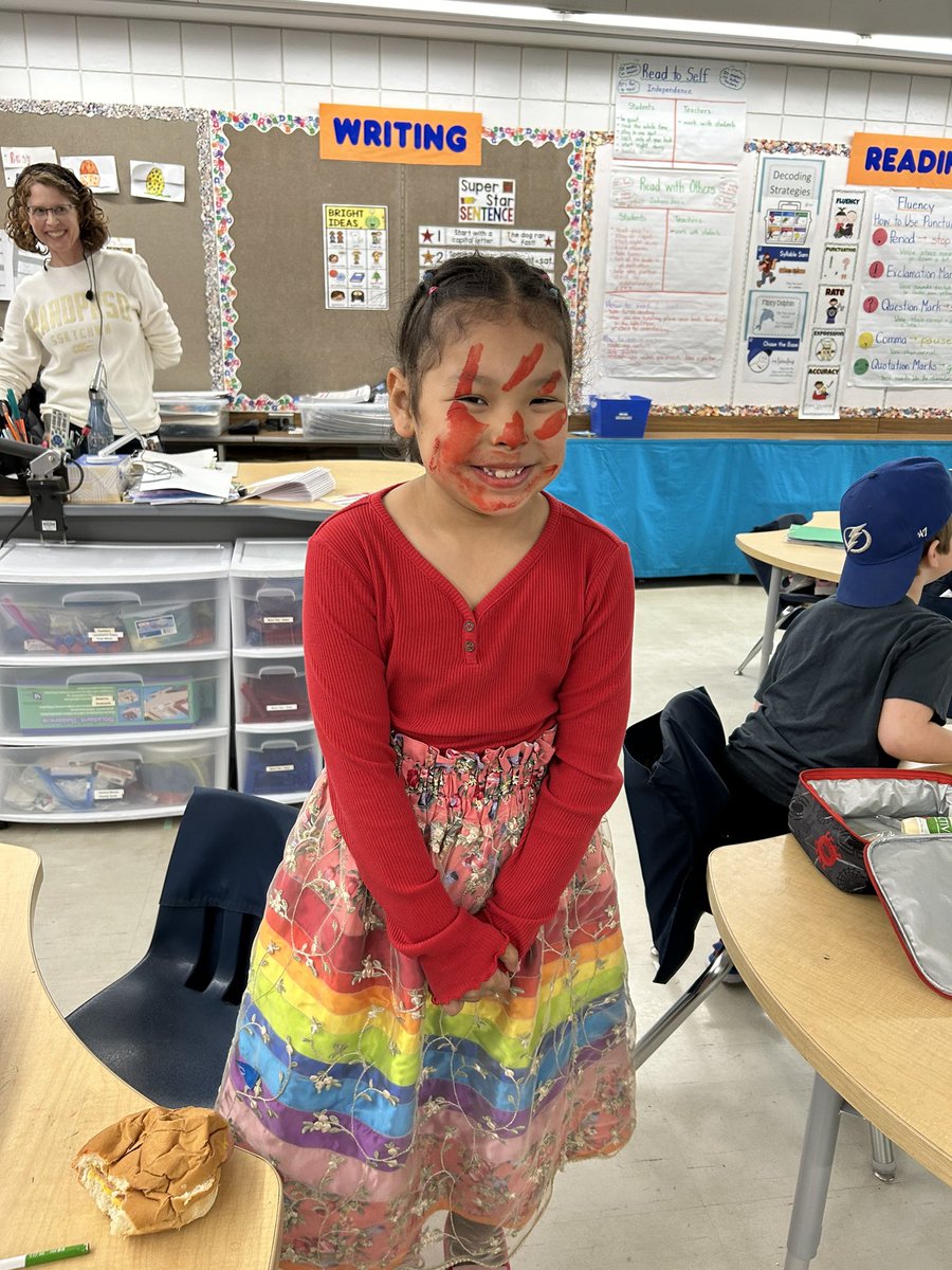 One of our Gr. 1 students felt confident enough to wear her ribbon skirt, beaded moccasins and face paint today because they are learning about Red Dress Day. #NoMoreStolenSisters #MMIWG #RedDressDay