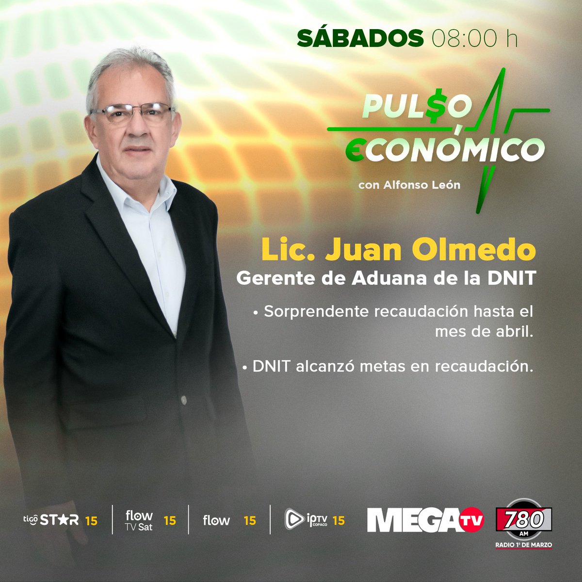 𝗔𝗟 𝗔𝗜𝗥𝗘🔰| Comenzamos una nueva edición de 'Pulso Económico' 📊 🔸Con @AlfonsoLen en la conducción 🎙️El invitado del día es el Lic. Juan Olmedo, gerente de Aduana de la DNIT 🤝En simultáneo por la #780AM y @Megatv_py #EnVivo 👉megacadena.com.py/tv/