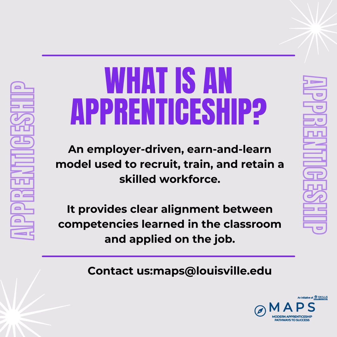 UofL MAPS Program (@uoflmapsprogram) on Twitter photo What's an apprenticeship? It's an earn-and learn model that bridges the gap between classroom learning and real-world application to prepare a highly skilled workforce. MAPS can help you build a program that fits your needs. 
Contact us at map@louisville.edu #EarnandLearn What's an apprenticeship? It's an earn-and learn model that bridges the gap between classroom learning and real-world application to prepare a highly skilled workforce. MAPS can help you build a program that fits your needs. 
Contact us at map@louisville.edu #EarnandLearn