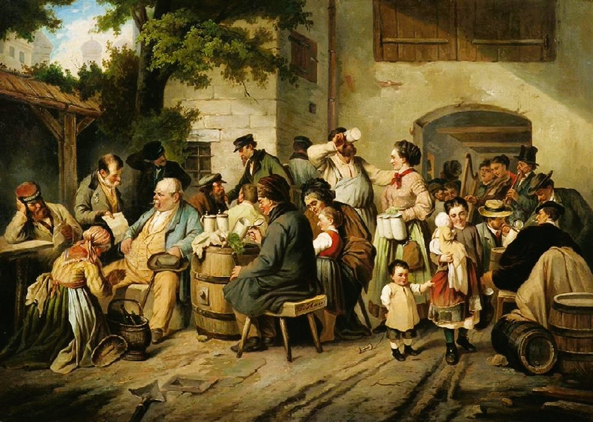 Joseph Haier, 1816 - 1891, Austrian painter; Colorful Hustle and Bustle in the backyard of a Munich beer bar