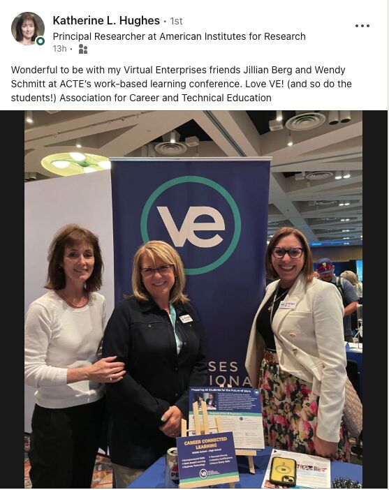 Our Network director, Kathy Hughes, is at the @actecareertech #WorkBasedLearning Conference in Milwaukee today. She was excited to have a chance to catch up with friends at @VEInternational.