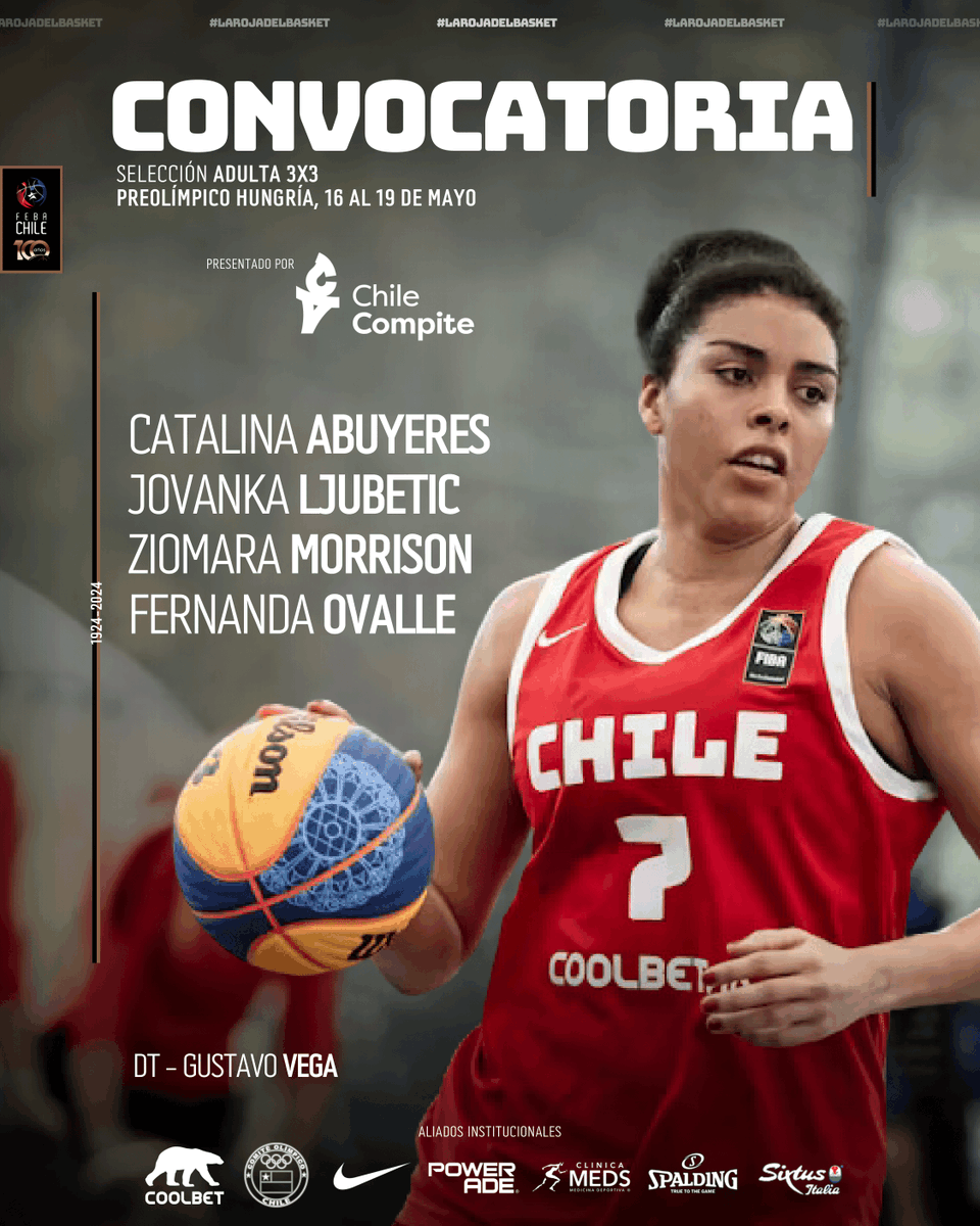 🔔 | Convocatoria: Preolímpico 3x3 Hungría 

Con apoyo <a href="/INDChileOficial/">IND Chile 🇨🇱</a>, ellas nos representarán en Debrecen 🇭🇺, cita que otorgará tres cupos para <a href="/Paris2024/">Paris 2024</a> 🎟️🏆

🗓️ 16 al 19/5
📺 YouTube <a href="/FIBA3x3/">3x3 Basketball | FIBA3x3</a> 

🔗 Más INFO en febachile.cl/2024/05/03/hay…

<a href="/CoolbetChile/">CoolbetChile.com</a> | <a href="/nikebasketball/">Nike Basketball</a>