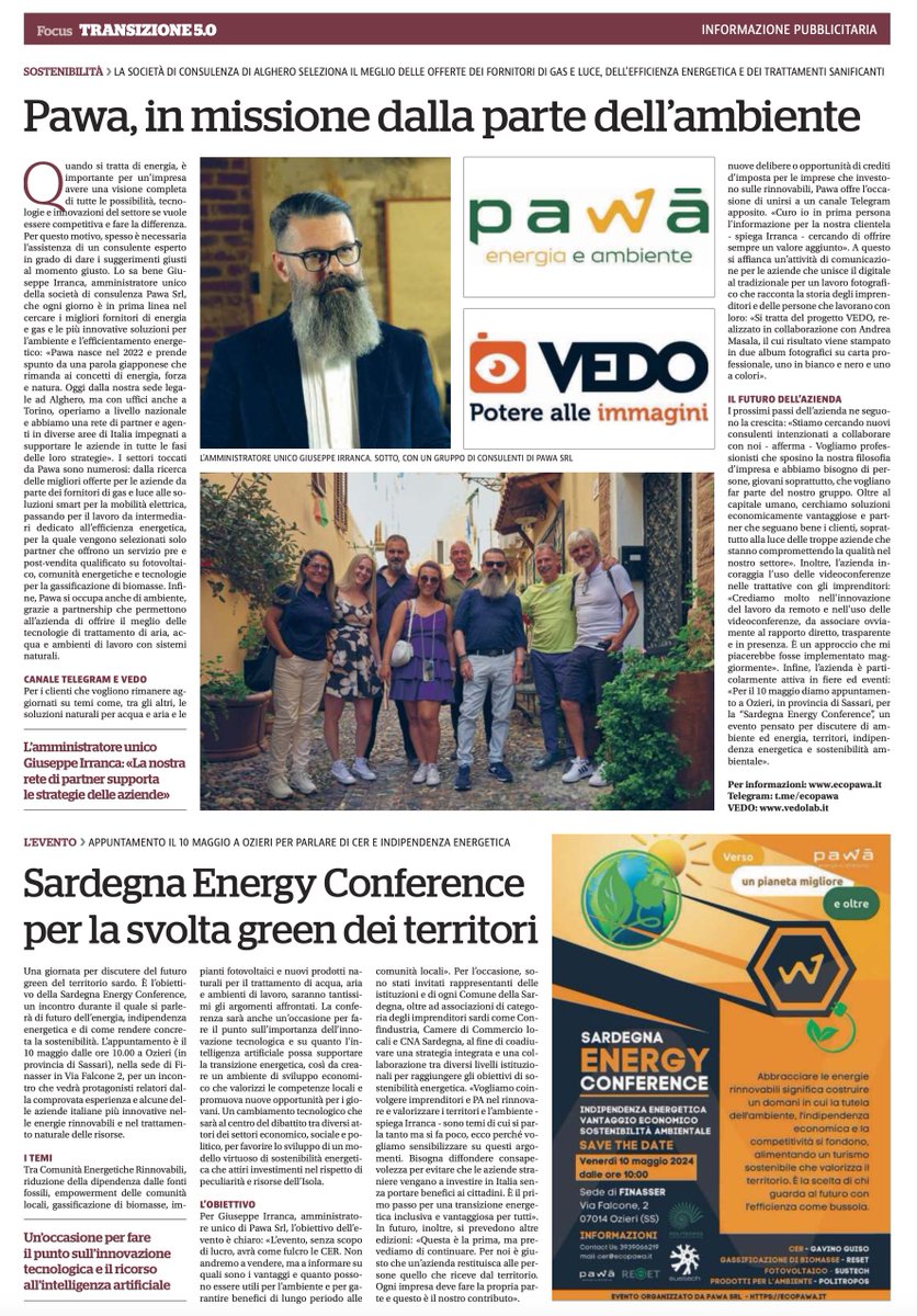 PAWASRL's tweet photo. Oggi su La Repubblica si parla di noi, della nostra filosofia di impresa e della visione sulla sostenibilità. Grazie per aver promosso l’evento Sardegna Energy Conference e il progetto di comunicazione aziendale #VEDO. 
@LaRepubblica_it 
@IrrancaGiuPHOTO 
@PAWASRL https://t.co/v42e7P7bsz