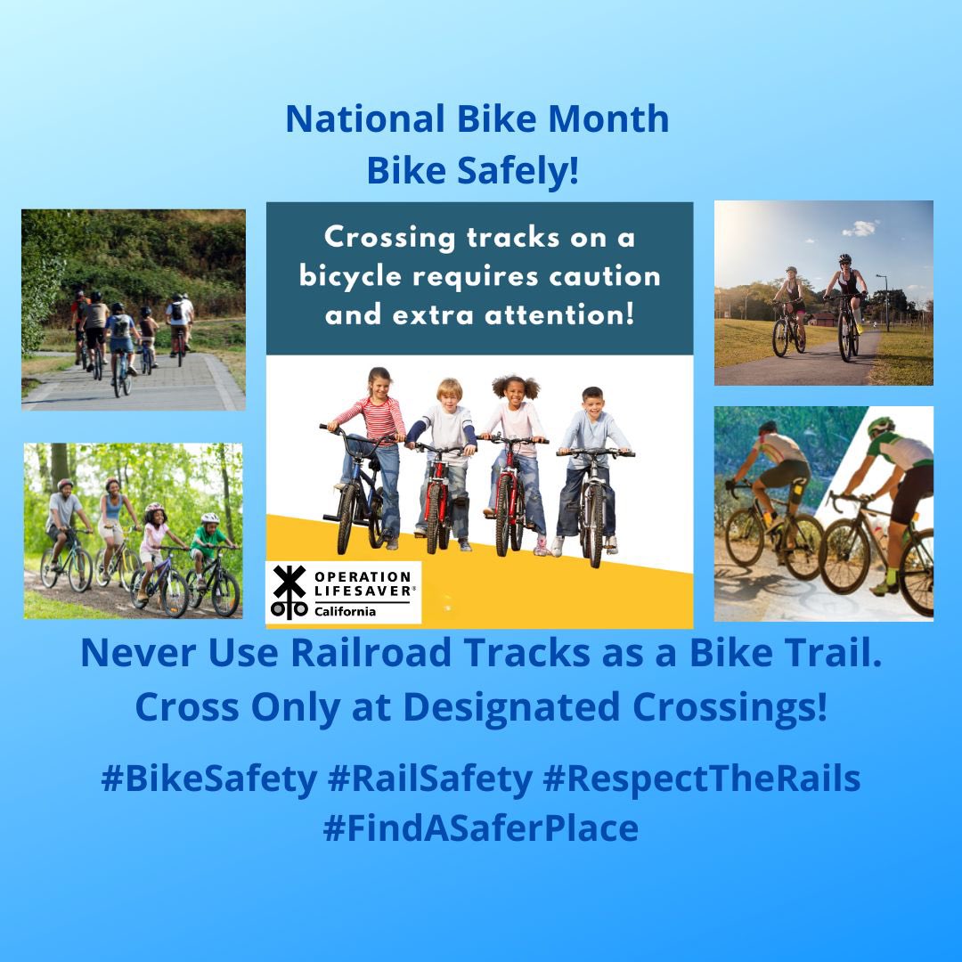 When crossing train tracks on a bicycle, use extra caution and attention. Never use railroad tracks as a biking trail. Use only designated crossings! #NationalBikeMonth #BikeSafely #NeverOnTracks #RespectTheRails #FindASaferPlace #EnjoyYourRide