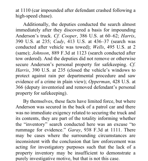 A remarkable 9th Circuit decision requires police officers who perform an inventory search of a car to actually perform an inventory search and not just dig around to find drugs and guns. In Georgia, we have no such crazy requirements. cdn.ca9.uscourts.gov/datastore/opin…