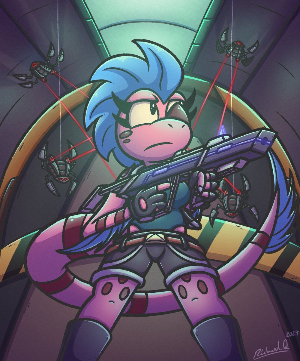 Oh, snap!!! It looks like Electra has got herself into trouble with all these creepy crawling Spider-Bots! Will her trusty Energy Shotgun get her out of this troubling scenario!? 😮🦖🕷️

I'm glad I returned and finally got around to finishing this piece! 😄