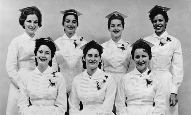 #NationallNursesMonth Fashback Friday: The University of Miami nursing program, Class of 1959, included Ann Marie (Bousa) McCrystal, standing second from right, later named 2017 Alumna of Distinction. National Student Nurses Day is celebrated annually on May 8. #UMiamiNursing