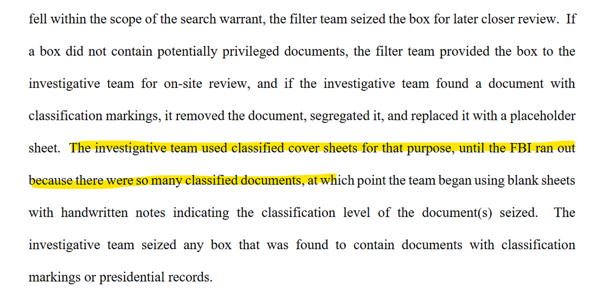 Just in: When the FBI seized classified materials during its search of Mar-a-Lago, it replaced the actual sensitive documents in the boxes with 'placeholder' sheets. But prosecutors say there was so much classified material that agents ran out of placeholders.