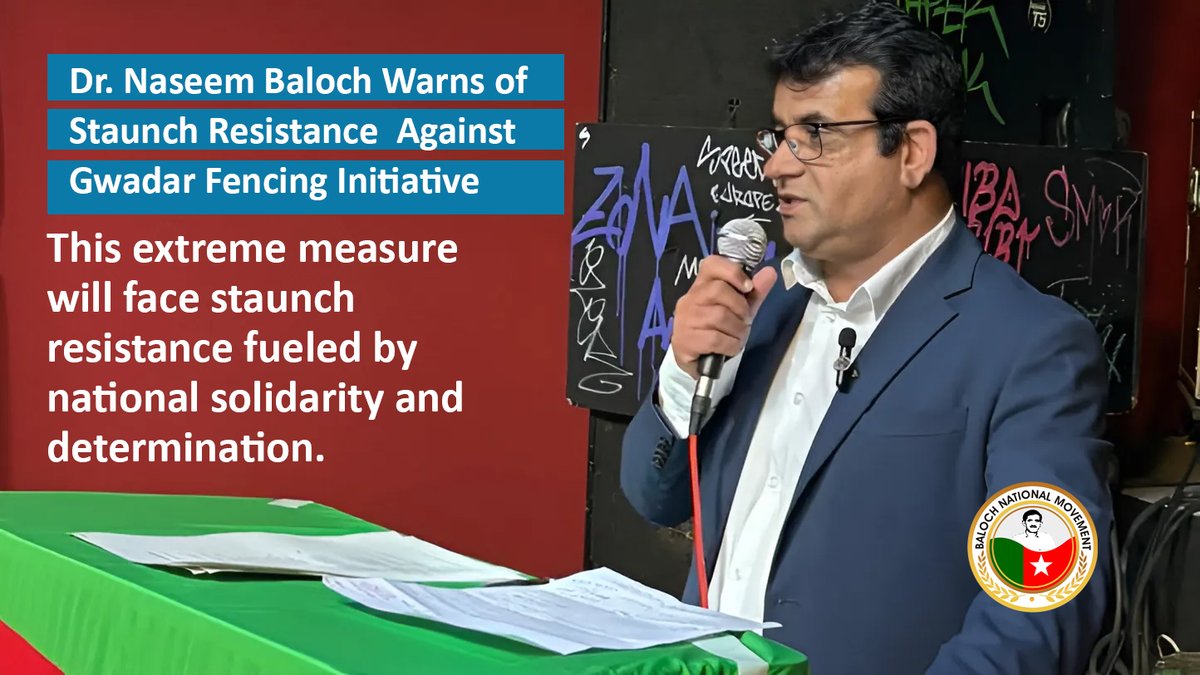 Dr. Naseem Baloch Warns of Staunch Resistance Against Gwadar Fencing Initiative thebnm.org/statements/203… Friday, 3 May, 2024 | Ref: 55/ 2024 Dr. Naseem Baloch, Chairman of the Baloch National Movement, strongly condemned the construction of the Gwadar fence, stating that This